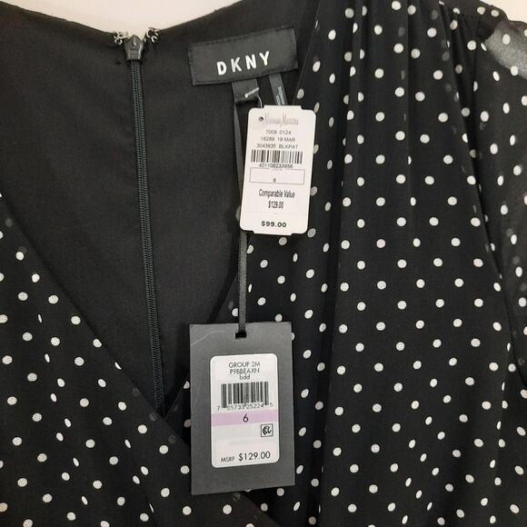 NWT DKNY Black Polka Dot Wrap Style Dress Sz 6 Ruffle Flutter Sleeve Tie Waist - Picture 7 of 11